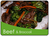 Beef and Broccoli over rice on a place